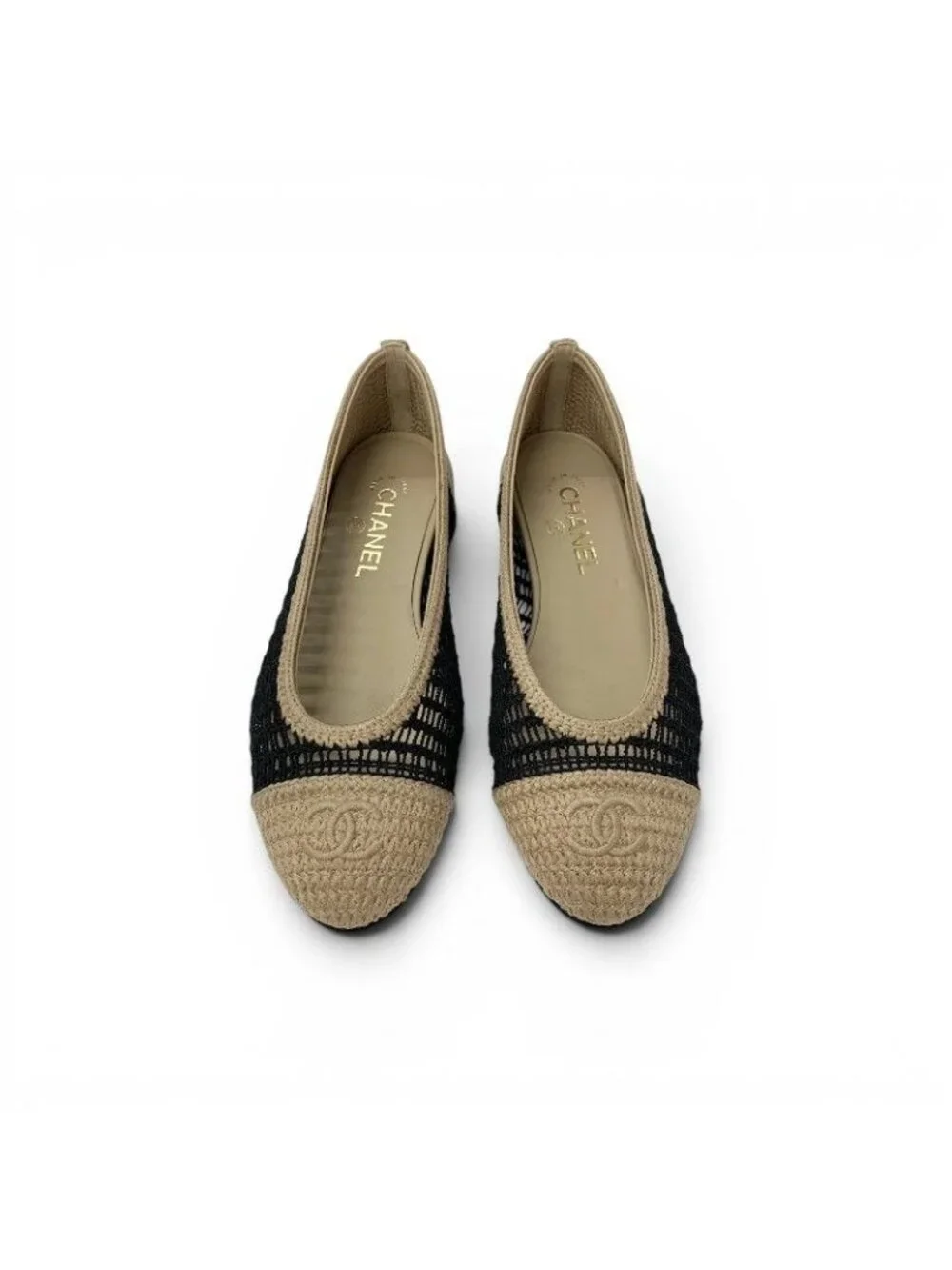 Chanel Flat Shoes Raffia Beige Black Ballerina CC Logo Ballet